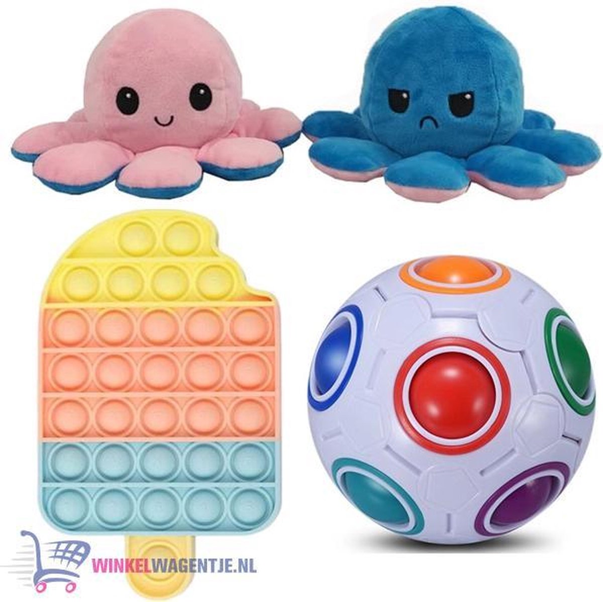 Pop It Fidget Toy IJsje + Rainbow Ball + Octopus Mood Knuffel (Roze/Blauw) | pop it fidget toy goedkoop, fidget toy, fidget toys pakket, fidget toys pop it, fidget toys stressbal, speelgoed voor kinderen, TikTok Rainbow